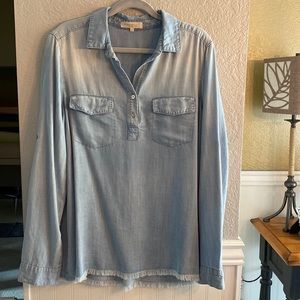 Ladies “Chambray” shirt size L.Brand- “side stitch” fringe on bottom SUPER CUTE!